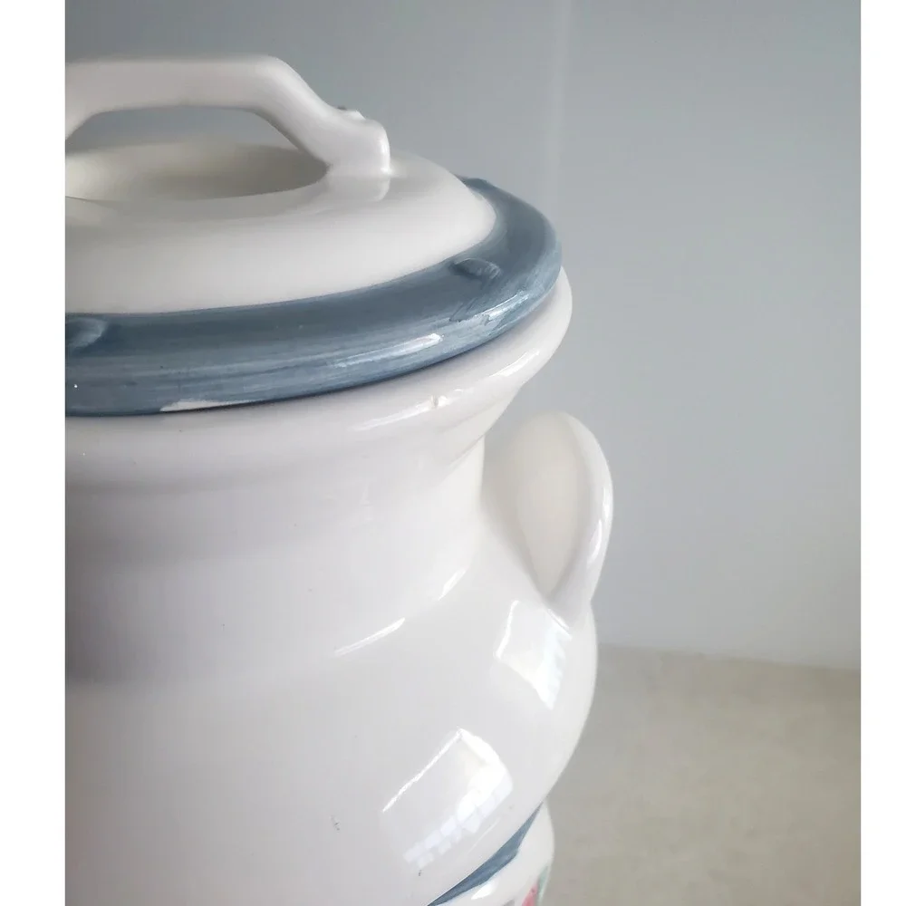 Jay Import Co Cookie Jar White Blue Heart Rose Milk Can Vintage Country Large